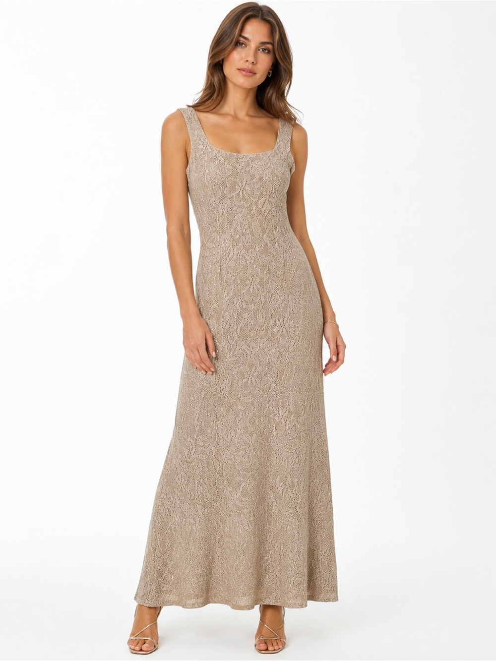 BETSY & ADAM by Jaslene‎ Metallic Crochet Maxi Dress 4/6 Gold Y2K Formal Gown